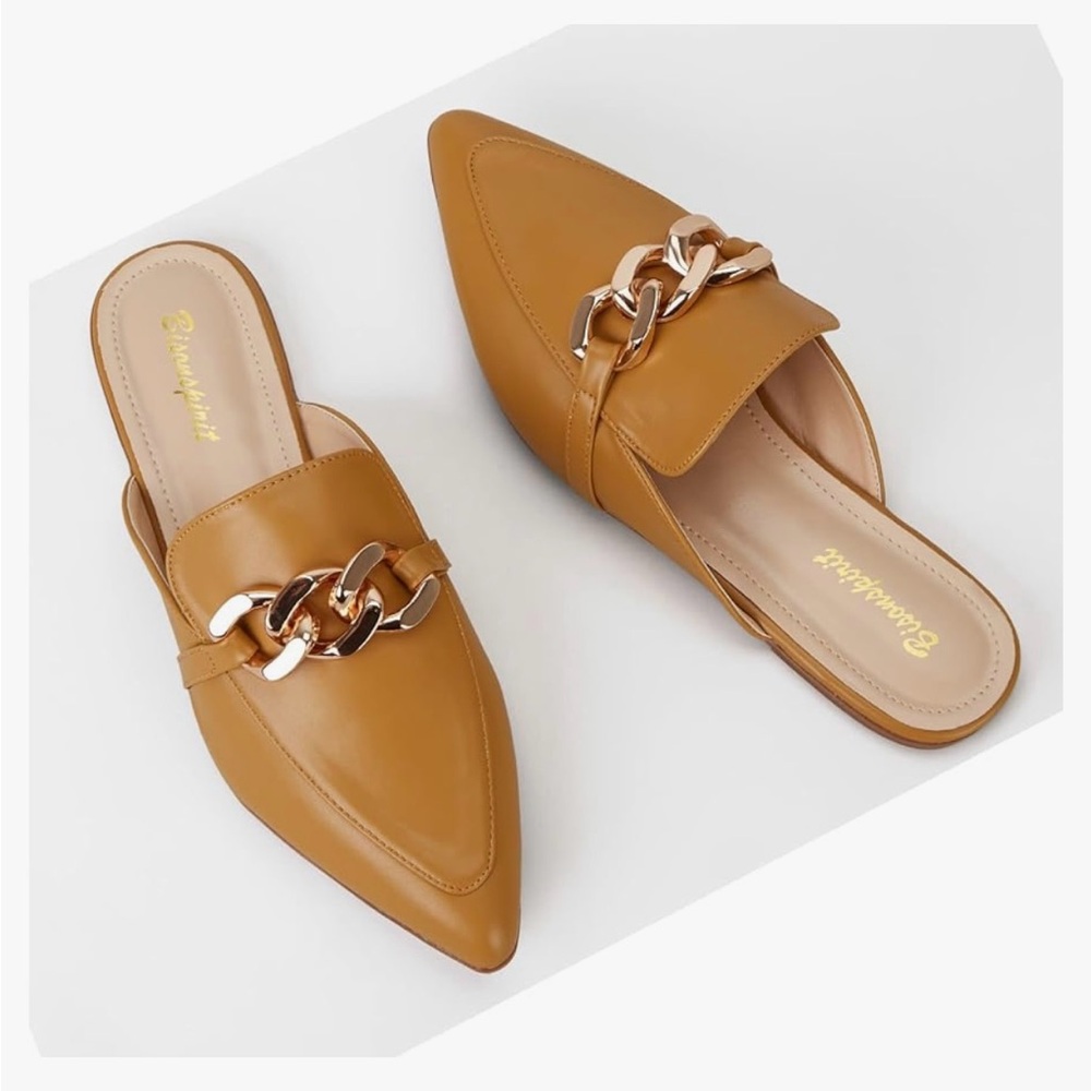 Brown Pointed Toe Mules with Chain Detail
